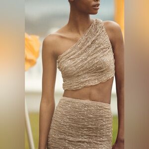 Zara Shiny Lace Asymmetric Crop Top & Midi Skirt Set- Mid- Camel